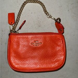 Coach Vibrant Orange Leather Wristlet with Gold Chain